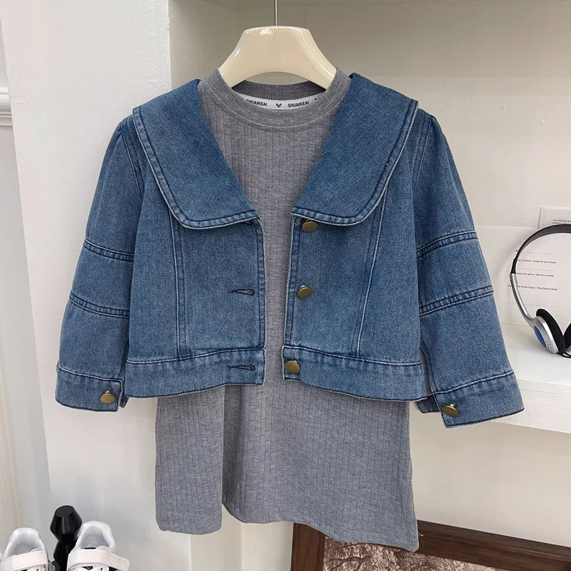 

2024New Girls' Autumn Suit Dress Western Style Fashion Baby Girl Spring and Autumn Denim Jacket Two-Piece Suit Fashion