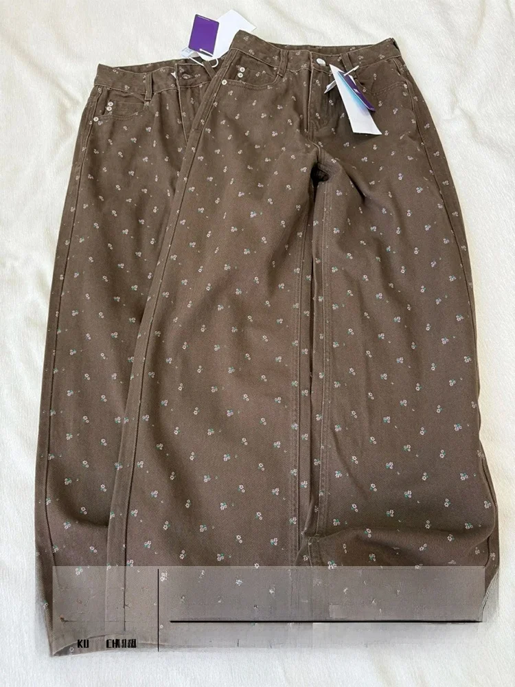 

Ретро цветочный дизайн, высокая талия, прямые джинсы, женские осенне-зимние новые повседневные джинсы с высокой талией длиной до пола