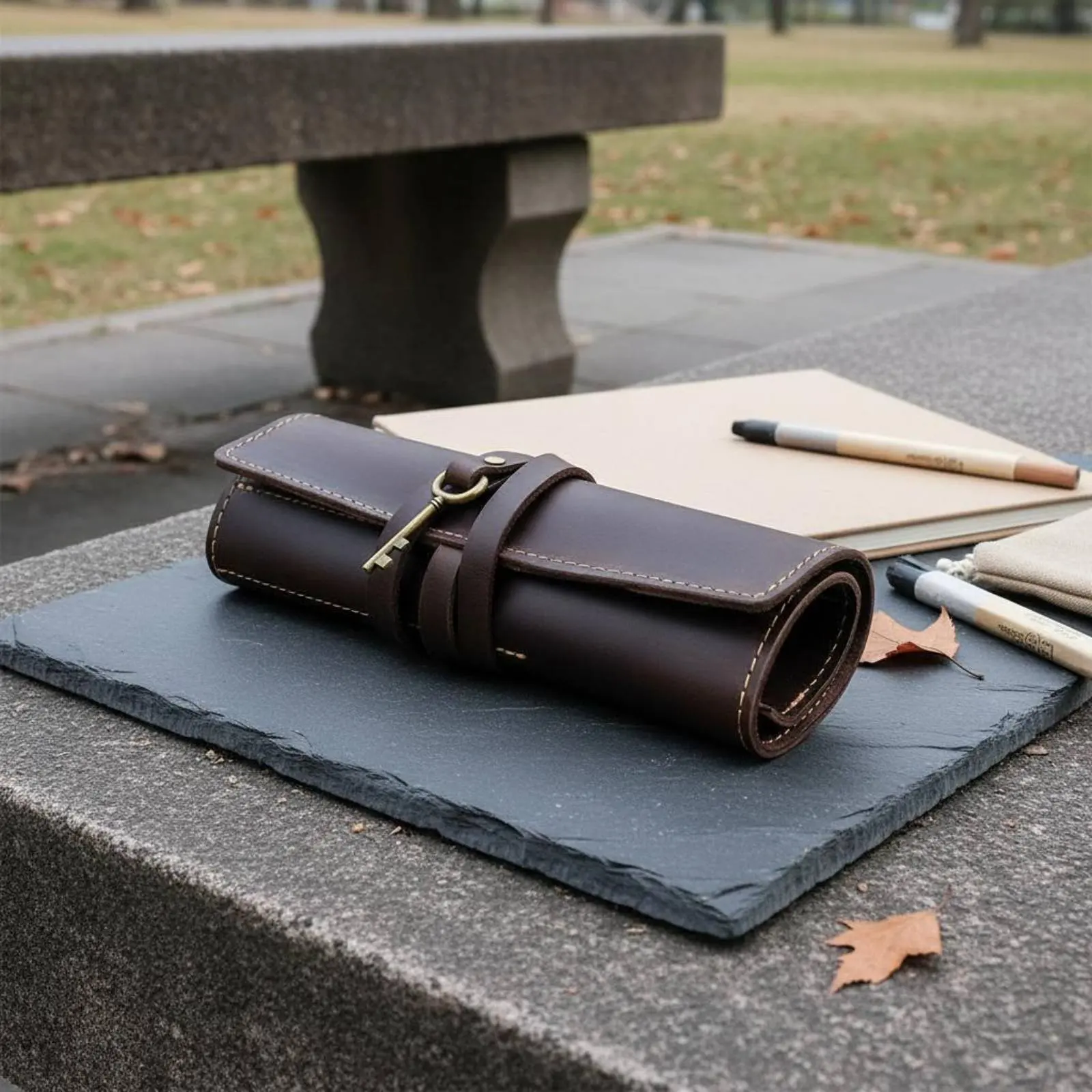 Leather Foldable Writing Utensil Case Portable Rollup Writing Utensil Pouch Leather Stationery Roll Versatile Vintage Pen Wrap