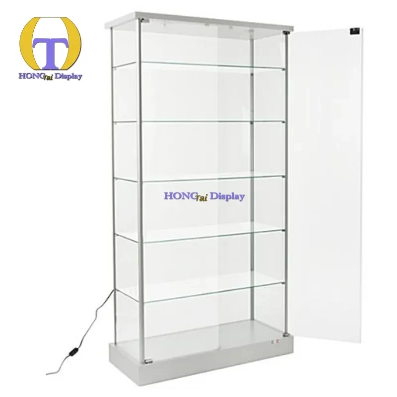 custom.Silver Aluminum Alloy LED Lighting Display Standing Full Smoke Shop with Lockable Transparent Tempered Glass Perfu