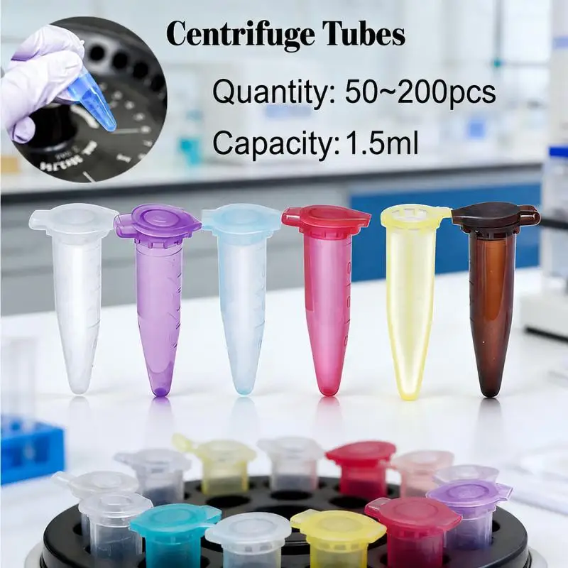 200pcs~50pcs Plastic Centrifugal Test Tube Sample 1.5ml Vial With Snap Cap For Samples Use For Lab Equipment