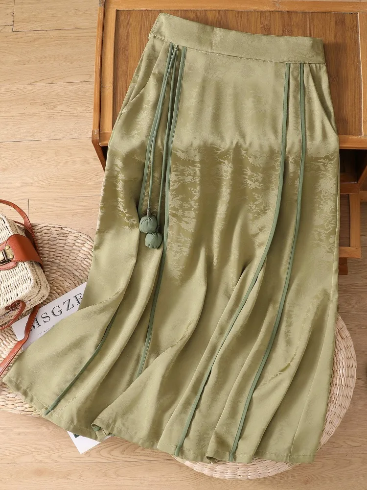 

Ele Chinese Retro Satin Embroidered A-Line Skirt Women's Summer High Waist Slimming Midi Length Thin Fabric Skirt