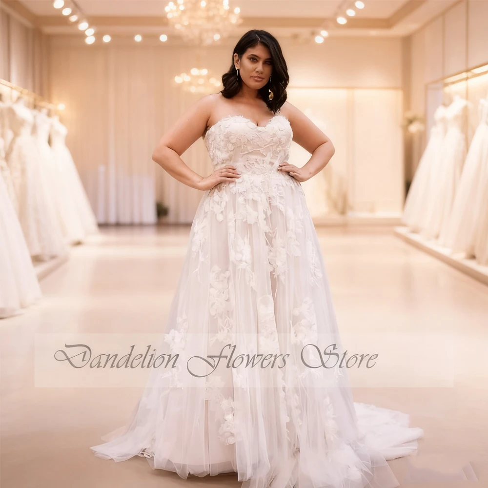 

Свадебные платья больших размеров без бретелек Элегантные свадебные платья трапециевидной формы без рукавов из тюля с кружевной аппликацией и скользящим шлейфом Robe De Mariée