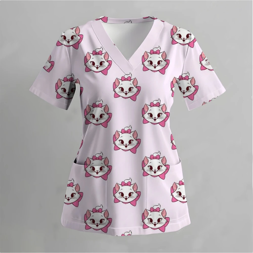 Disney Pet Mary Cat Print Scrub Tops Pet Shop Medical Uniforms Nurse V-Neck Shirt Akcesoria pielęgniarskie Doctor Scrubs Clothes
