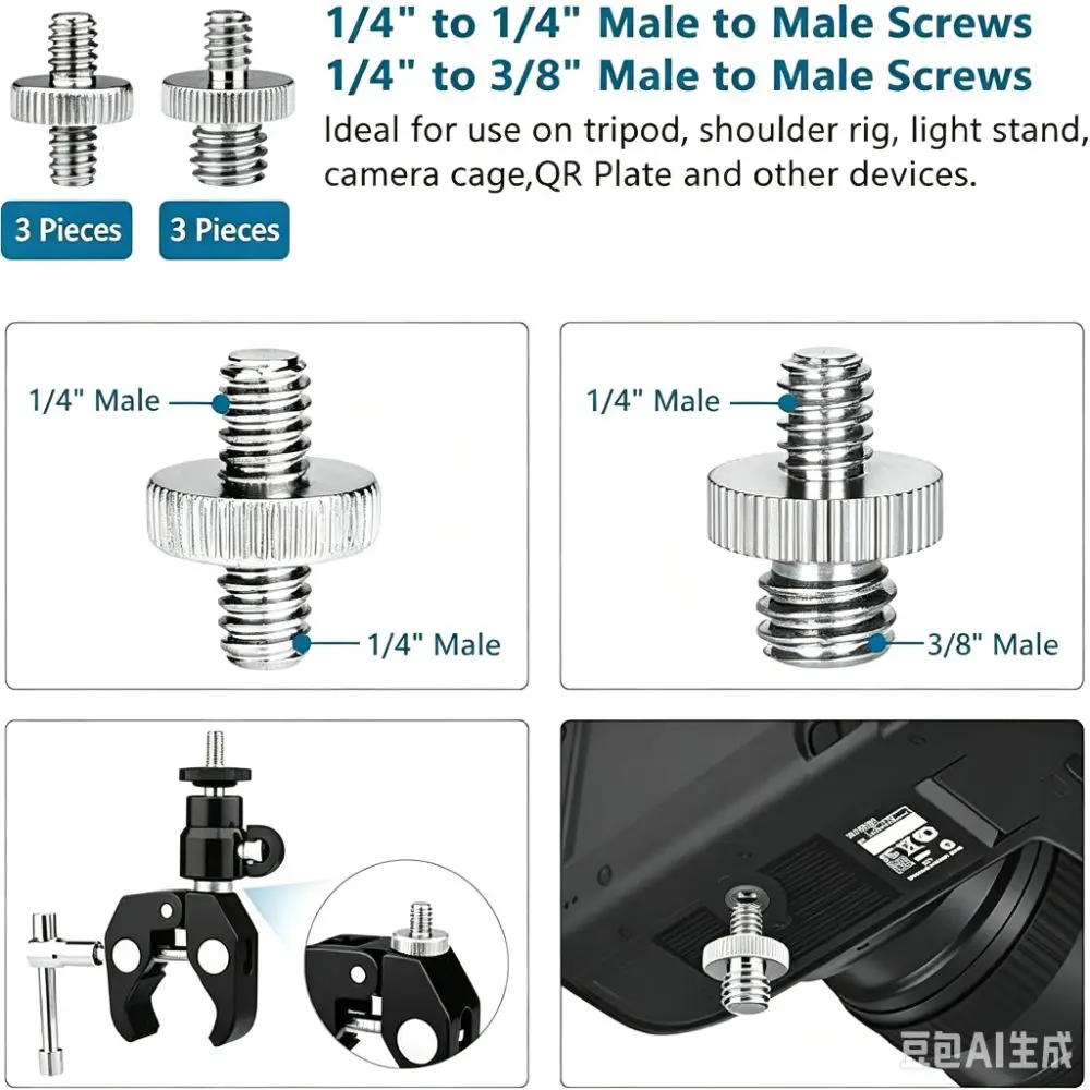 20pcs 1/4 Inch to 3/8 Inch Screw Adapter Converter Threaded Screws Replacement Part Conversion Adapter Double End Screw