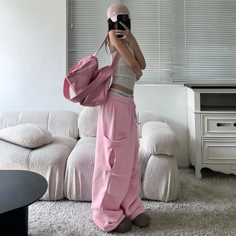 Y2K Pink Cargo Sweatpants Women Elastic Drawstring Waist Wide Leg Baggy Pants Multi‑pocket Loose Streetwear Hip Hop Lady Trouser