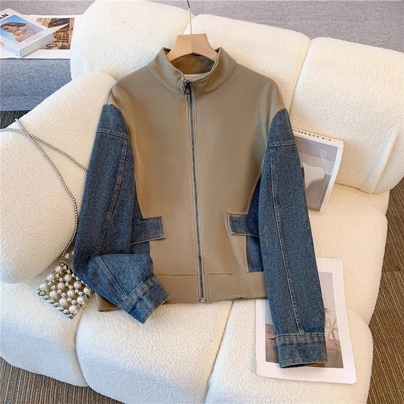 Ensemble pantalon en Denim, col montant, Patchwork, manteaux de rue, hauts, jambes larges, jean droit, Vintage, Simple, ensemble deux pièces, automne 2025
