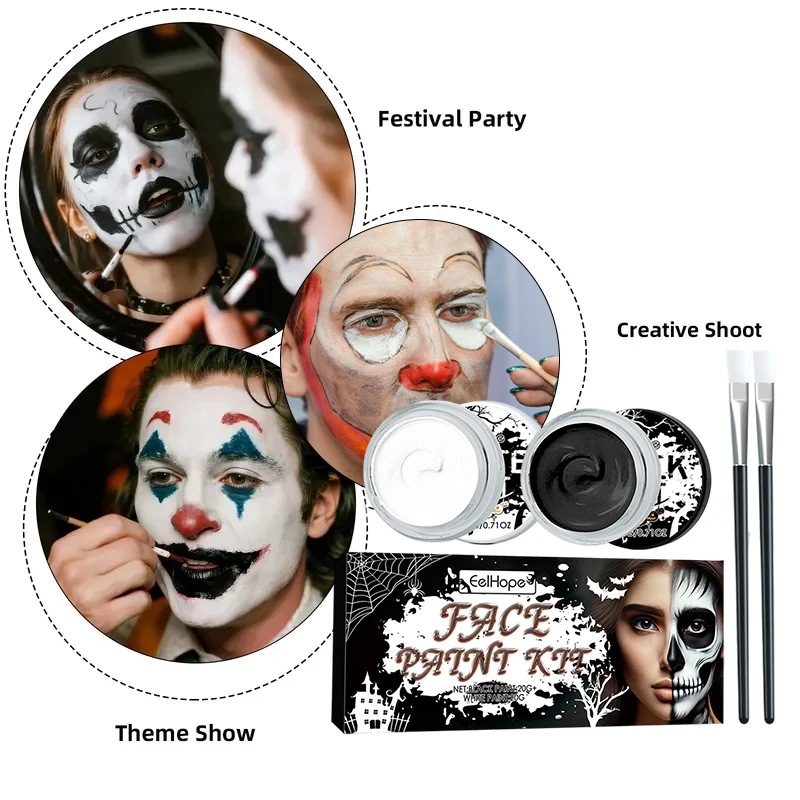 Black & White Face Body Paint Kit with Brushes Long-Lasting Makeup For Halloween Festive Fun Makeup Accessories Makeup Set