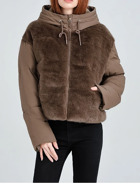 

French Elegant Warm Coat For Woman Autumn Winter Fuzz Patchwork Hooded Zipper Loose Padded Puffer Short Coats Outerwear New 2025