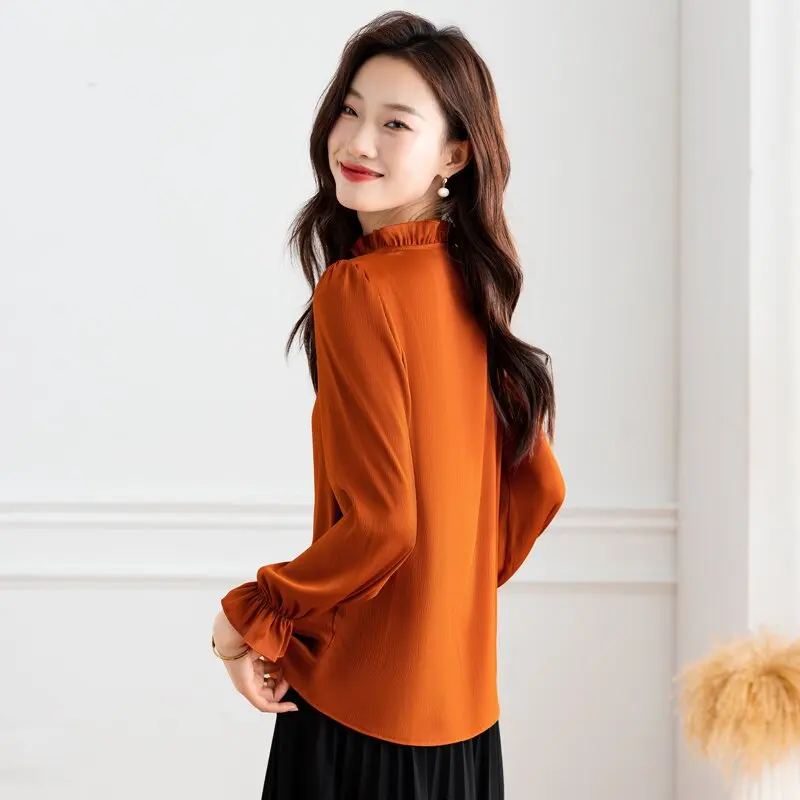 Elegant Fashion Beaded Satin Tops 2024 Spring New Long Sleeve Women Blouse Lace up Wooden Ear Collar OL Shirt Blusa