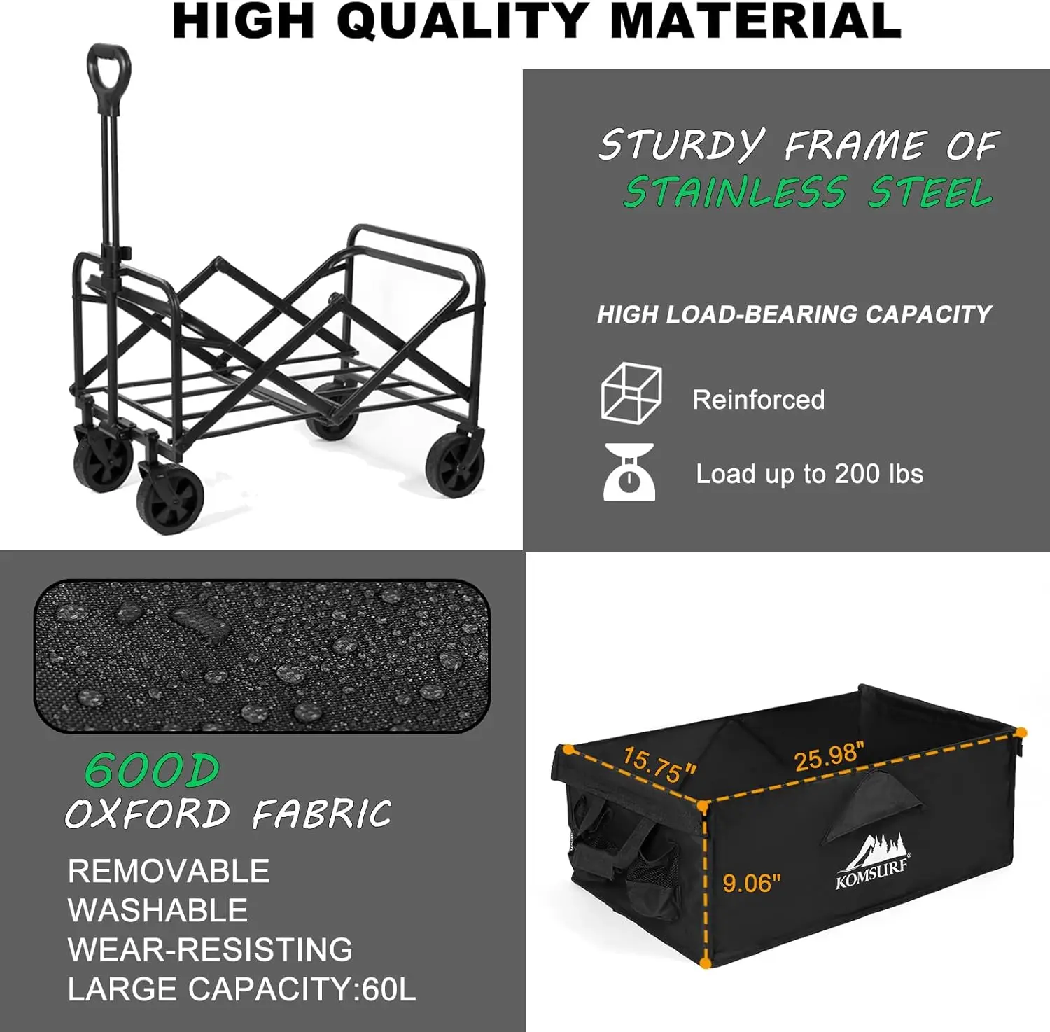 Chariot d'Épicerie Pliable avec Roues, Utilitaire, Rium on RapDuty, Capacité de 200 Lbs, Poches Latérales, Jardin, Shopping