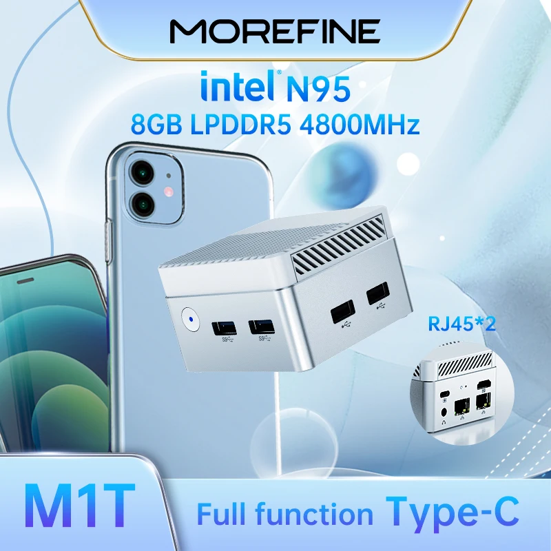 MOREFINE Mini PC 12th Gen N95 (حتى 3.4 جيجا هرتز) 8 جيجا بايت LPDDR5 256 جيجا بايت NVME SSD كمبيوتر صغير متوافق مع Windows11Pro يدعم 4K@60