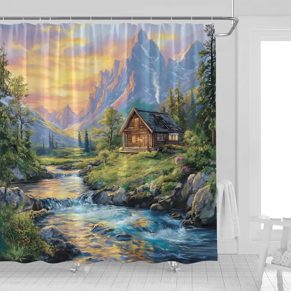 

Занавеска для душа в деревенском стиле, лес, гора, водопад, цветочный закат, природный пейзаж, деревенское озеро, дом, ложа, пейзажная ткань