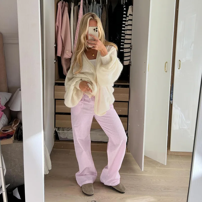 Pantalones informales a rayas con contraste de colores, pantalones de pierna ancha holgados, pantalones largos de punto de cintura alta para mujer, verano 2024 eBay transfronterizo