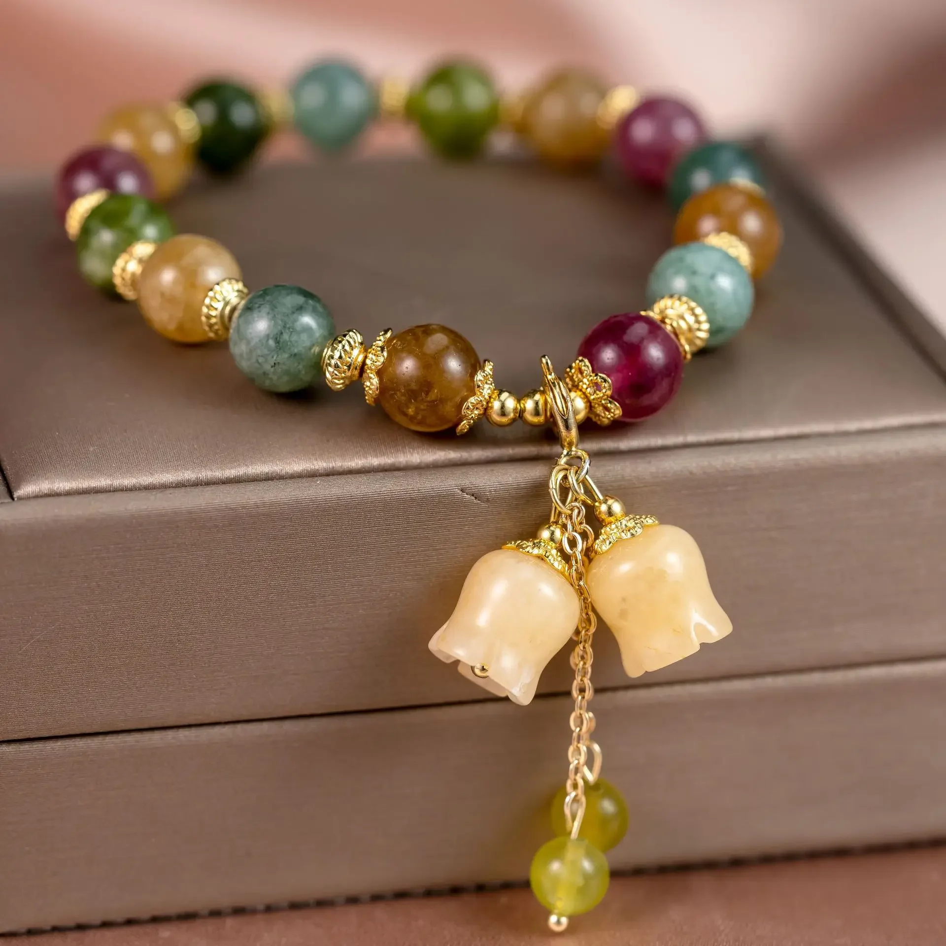 

Chinese Style Chinoiserie Vintage Tourmaline Beads Colorful Gold Plated Lily of The Valley Bracelet for Women HanFu Gift Jewelry