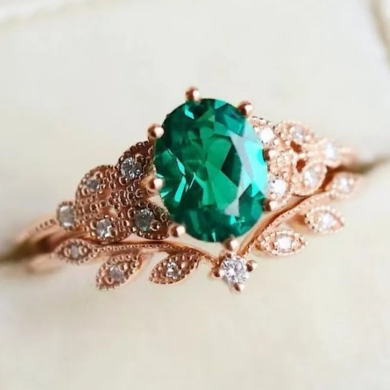 

Elegant Women Rings Rose Gold Color Round Flower Green White Stone Rings Set Party Accessories Gift