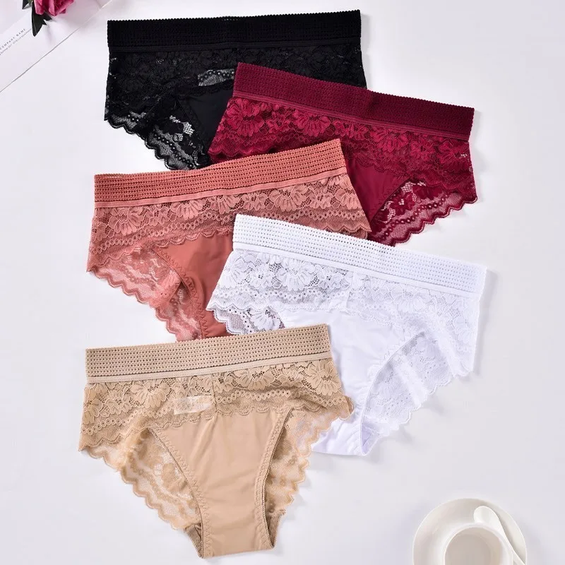 

3PCS Lace Sexy Underpants Mid Waist Women's Embroidery Comfortable Elasticity Underwear Breathable Girls' Underpants