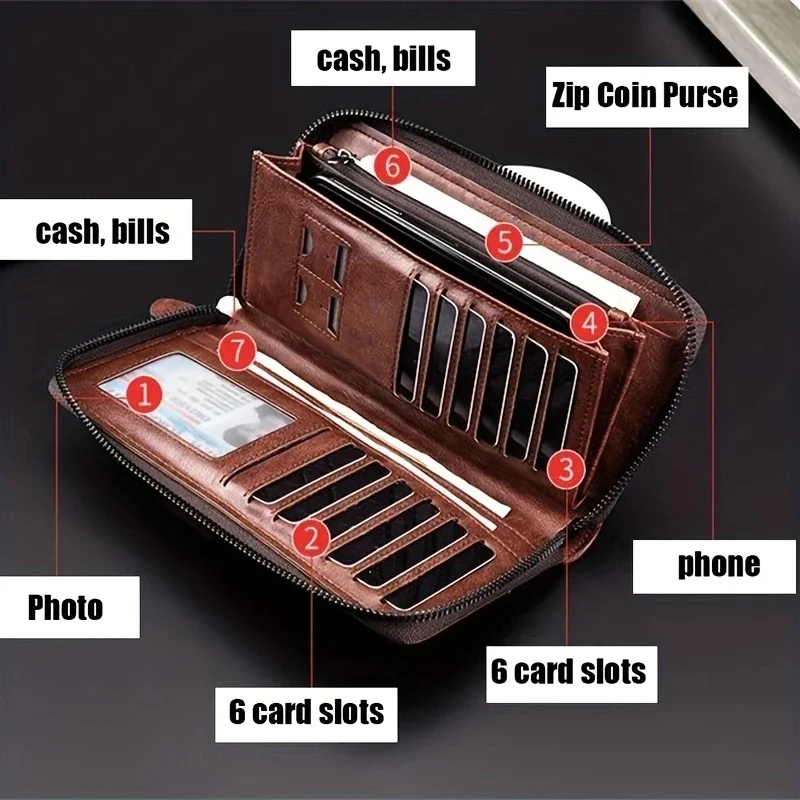 Men's Long Wallet Zipper PU Leather RFID Wallets for men and women Clutch Bag Multifunction Credit Card Holder Purse Man image 4