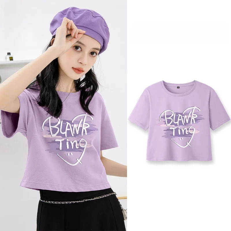 เสื้อยืดผ้าฝ้ายแท้ทรงสลิมฟิต คอกลม สำหรับผู้หญิง ลายพิมพ์ลำลอง สีม่วง รุ่นใหม่สำหรับฤดูร้อน