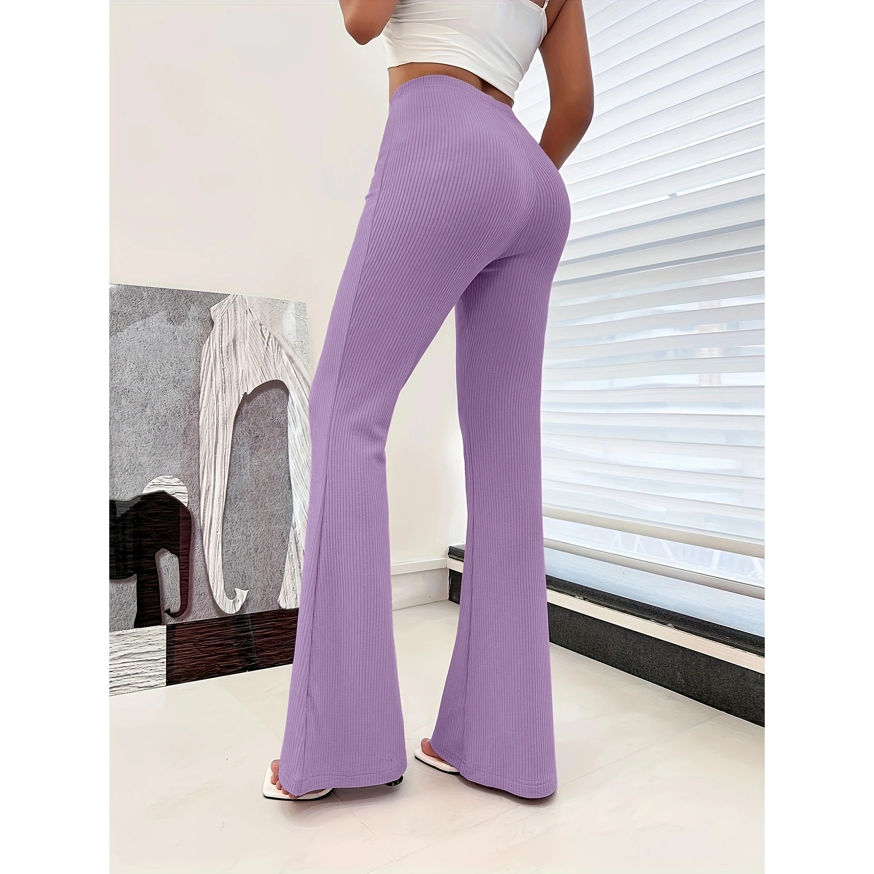 سروال وردي عالي الخصر مضيئة للنساء سروال مضلع قابل للتمدد بلون سادة ملابس غير رسمية عصرية