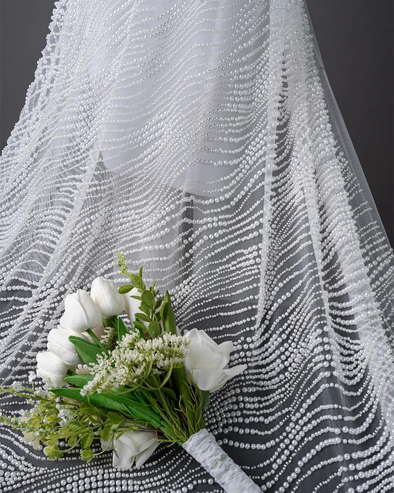 Heavy Beaded Tulle Mesh Fabric with Crystal Pearls Sparkling Sequins Mesh Embroidered Fabric Wedding Wedding Dresses