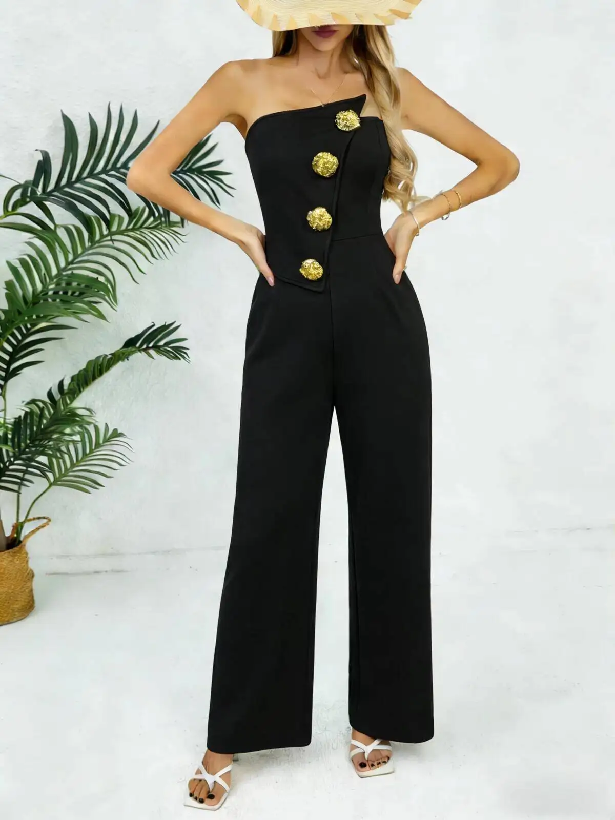 

Women's Black One-Shoulder Strapless Jumpsuit Gold Button Decor Sleeveless Wide Leg Pants Spring Summer Casual Commuting Romper