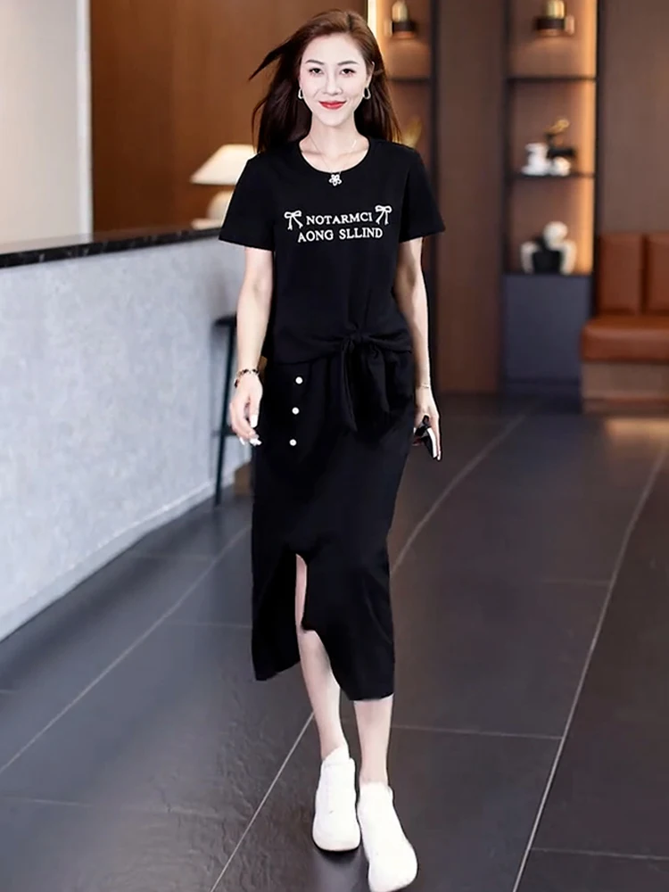 Faionable Sportswear Set Women's ort Sve Split  Skirt Two Piece Suite Casual Comfortable Breathable Cotton round Ne