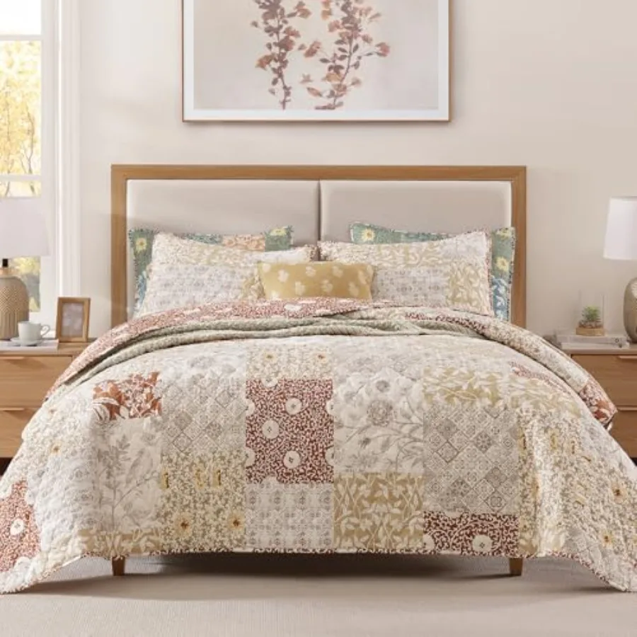 

Queen Quilt Set - 3 Pieces Patchwork Terracotta Quilt Bedding Set Lightweight Queen Bedspread Coverlet Reversible Floral Bed Co