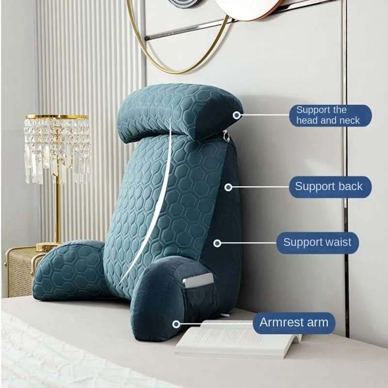 Reading Pillow Bed Pillow Backrest Chair Arm Pillow with Pockets Neck Support Cool Comfortable with Washable Cover