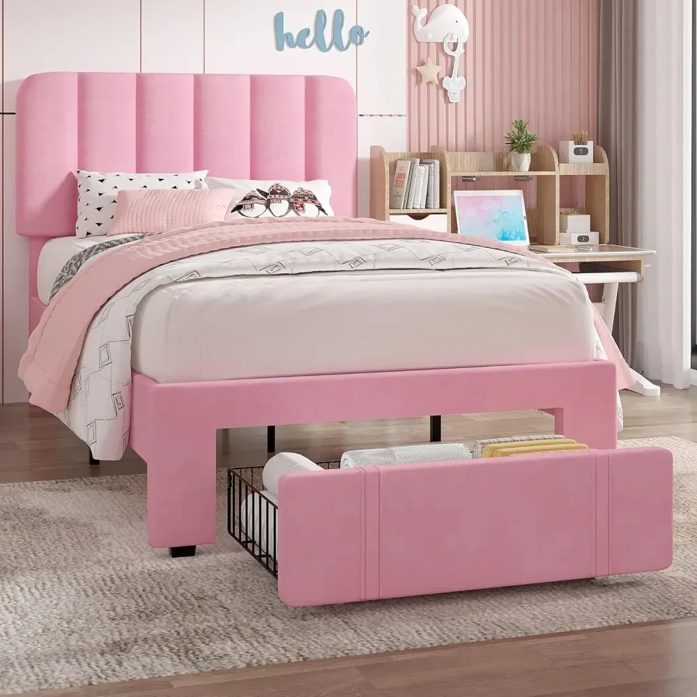 

Twin Size Bed Frame with 4 Drawers and Adjustable Headboard, Wooden Slats Support, Velvet Upholstered Platform Bed Frame