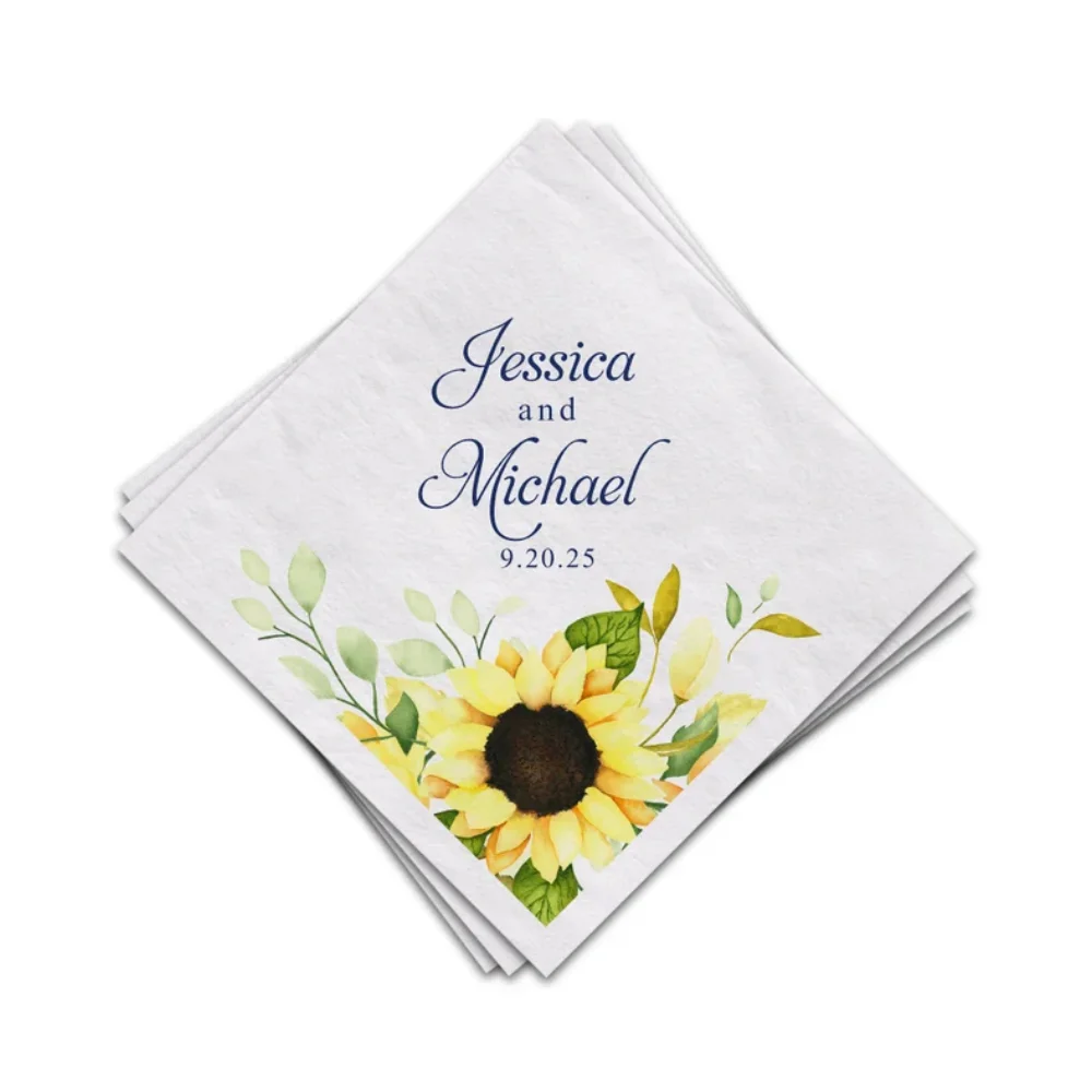 

50Pcs Personalized Rustic Country Wedding Personalized Sunflower Cocktail Napkins, Luncheon Napkins,Engagement Party Receptions