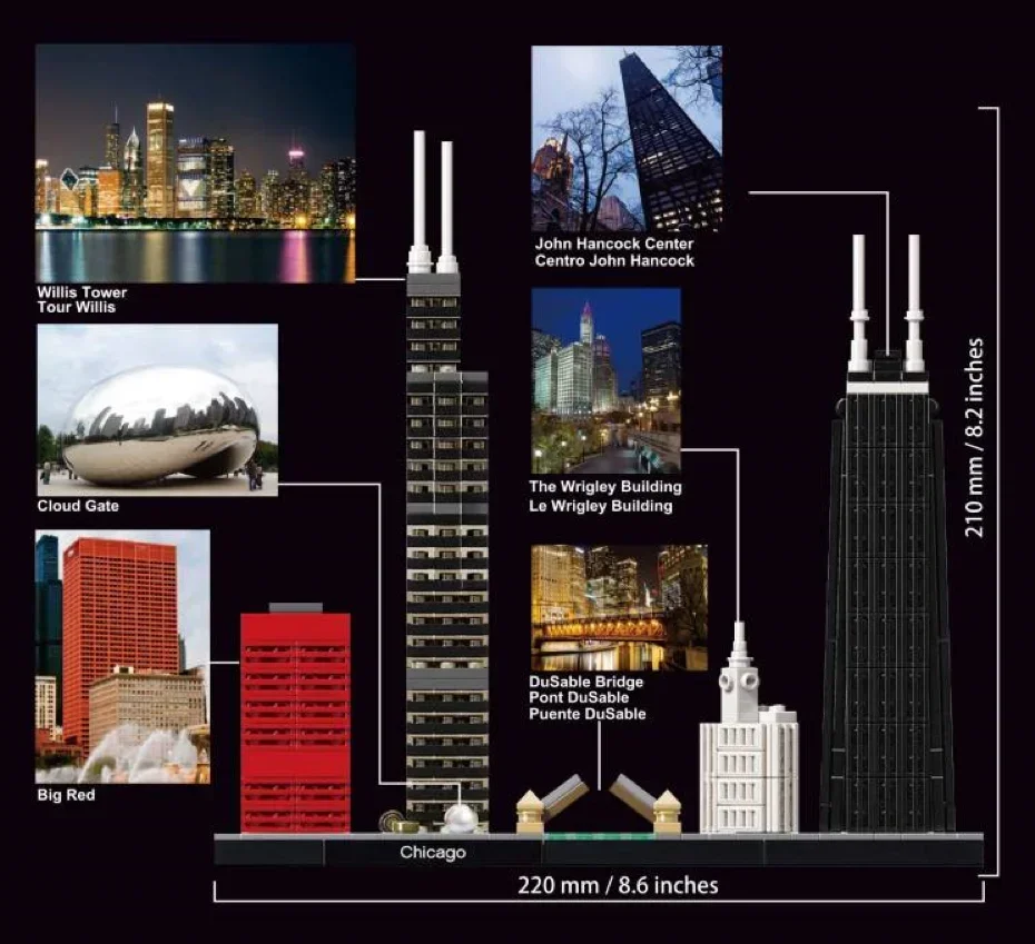 MOC 21033 Chicago 444 Buildings Over Ten Years, Skyline Architecture Series, Classic Model Assembly, DIY Children's Toy Gifts