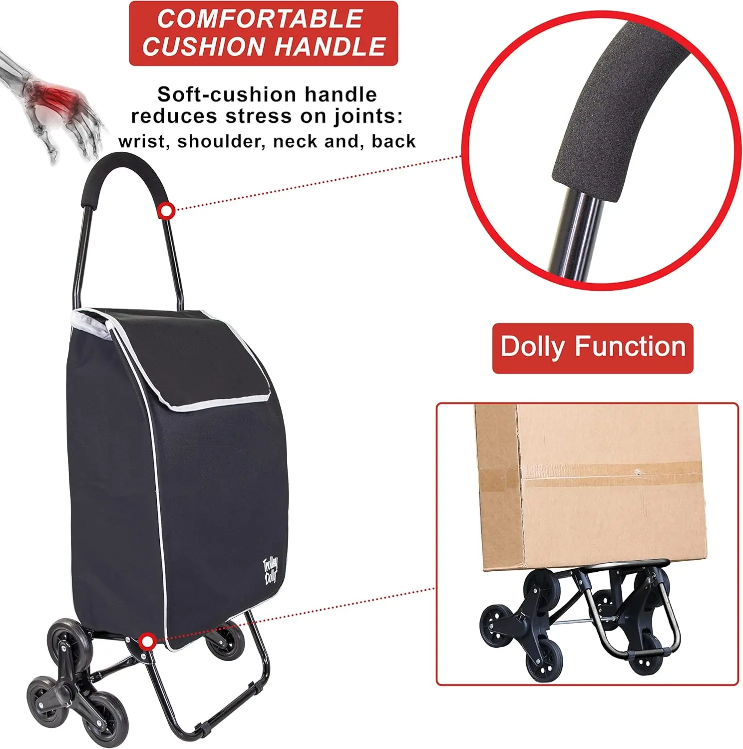 折りたたみ式食料品カート、階段昇降ホイール付き、取り外し可能なバッグとハンドトラック機能付き - 多用途ローリングトロリー（ブラック）