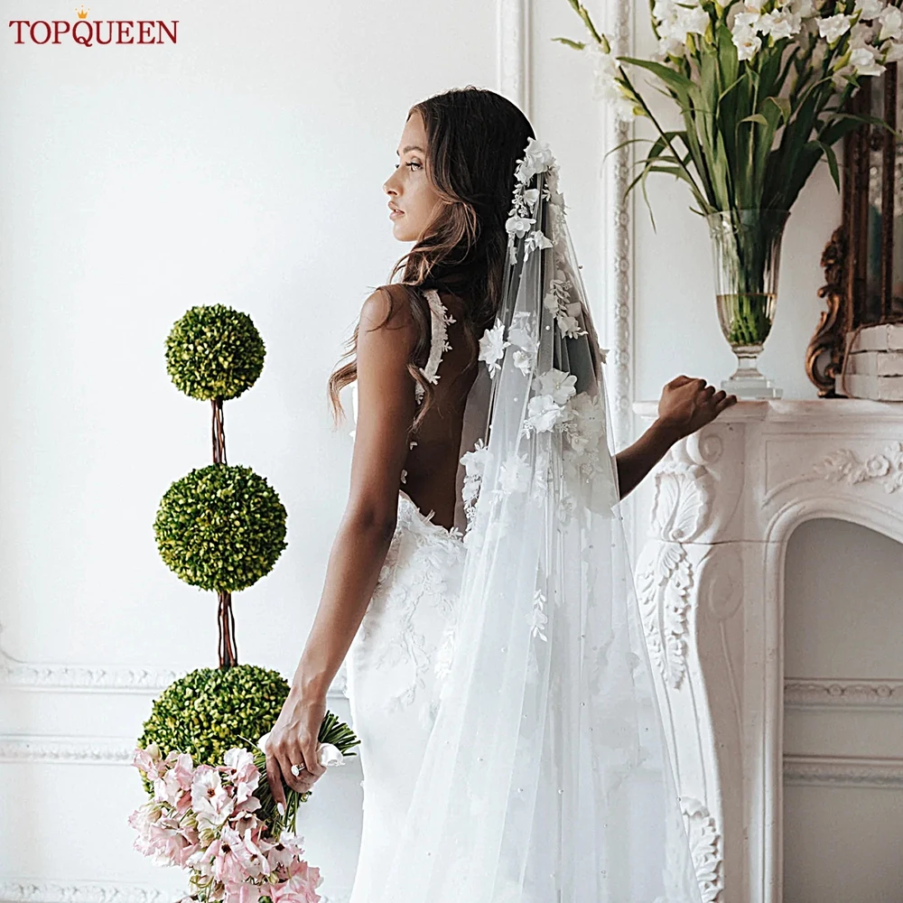 

Роскошная свадебная фата TOPQUEEN V52 С 3D цветами и жемчугом, Длинная свадебная фата, 3 метра