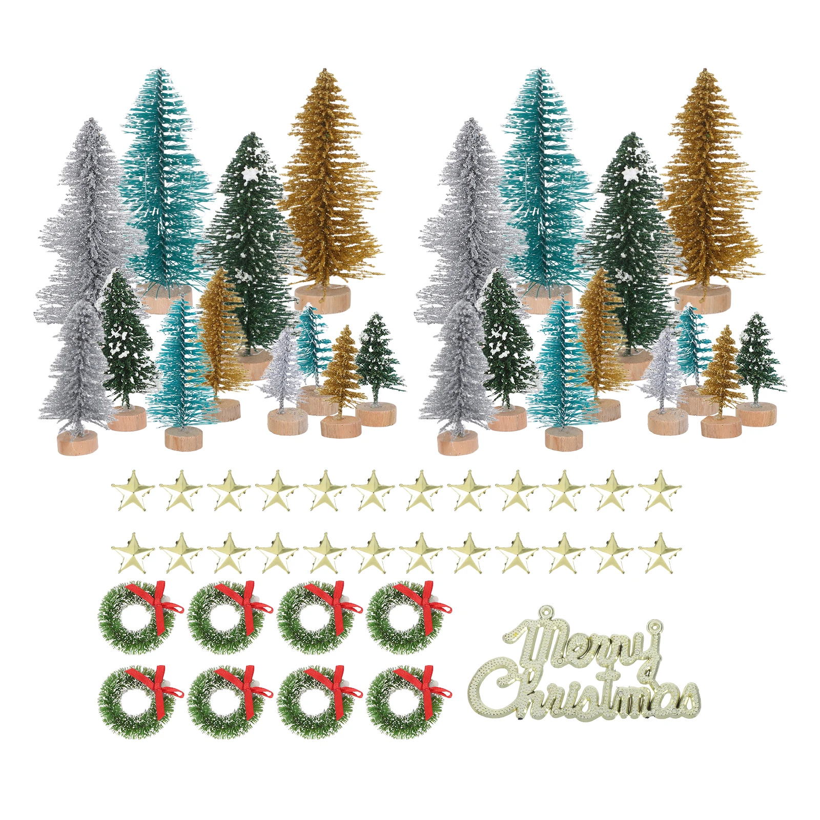 

1Set Mini Christmas Tree Set Snow Frosted Pine Trees Wood Base Holiday Decoration Table Top Tree Miniature Trees