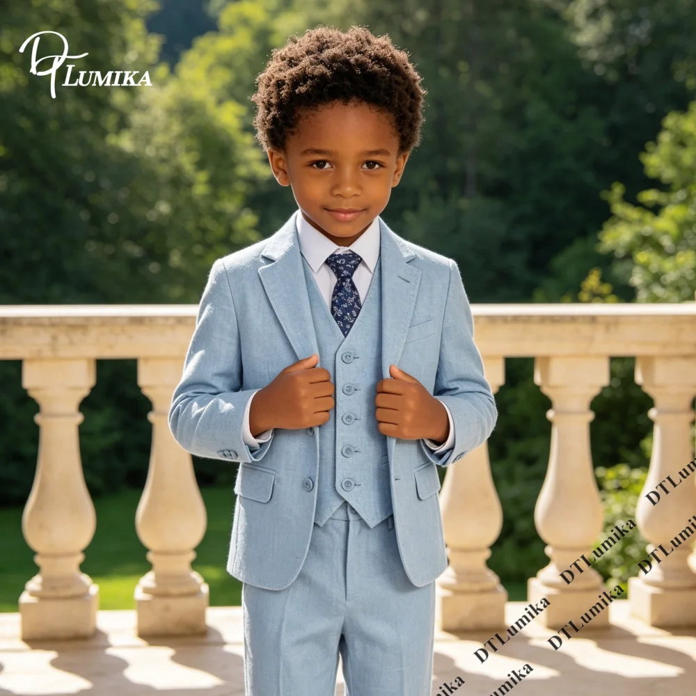 Envío Inmediato: Traje Formal de Lino de 4 Piezas para Niño, Estilo Esmoquin, para Portador de Anillos de Boda, Paje, o Comunión, con Chaqueta, Chaleco, Pantalones, Corbata y Pajarita