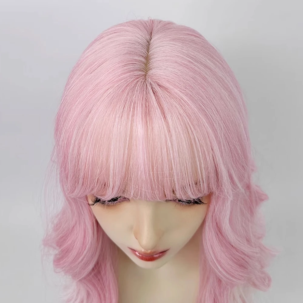 Synthetische lange gewellte Ombre rosa weiße Farbverlauf Frauen Perücken mit Pony natürliche flauschige Lolita Cosplay Haar Perücke für die tägliche