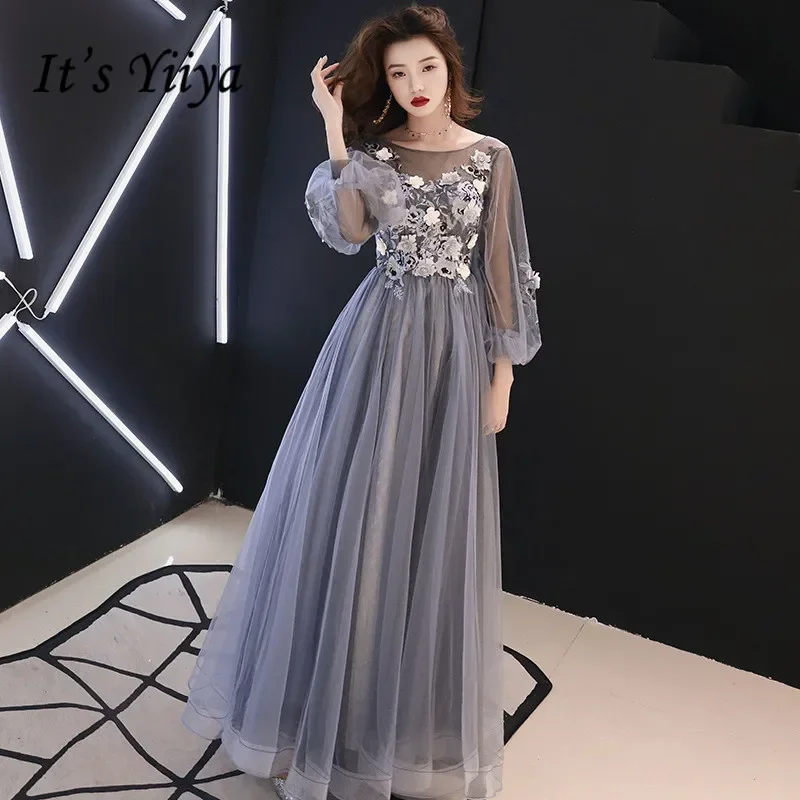 

It's Yiiya Evening Dresses Gray Floral Full Lantern Sleeves O-neck Lace up A-line Floor length Plus size Party Formal Gowns E064