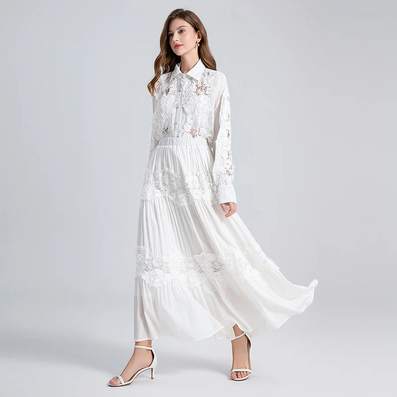 Rok Maxi renda putih wanita, kemeja blus lengan panjang setelan Vintage bunga Hollow Out applique Set 2 buah kasual Vestdios