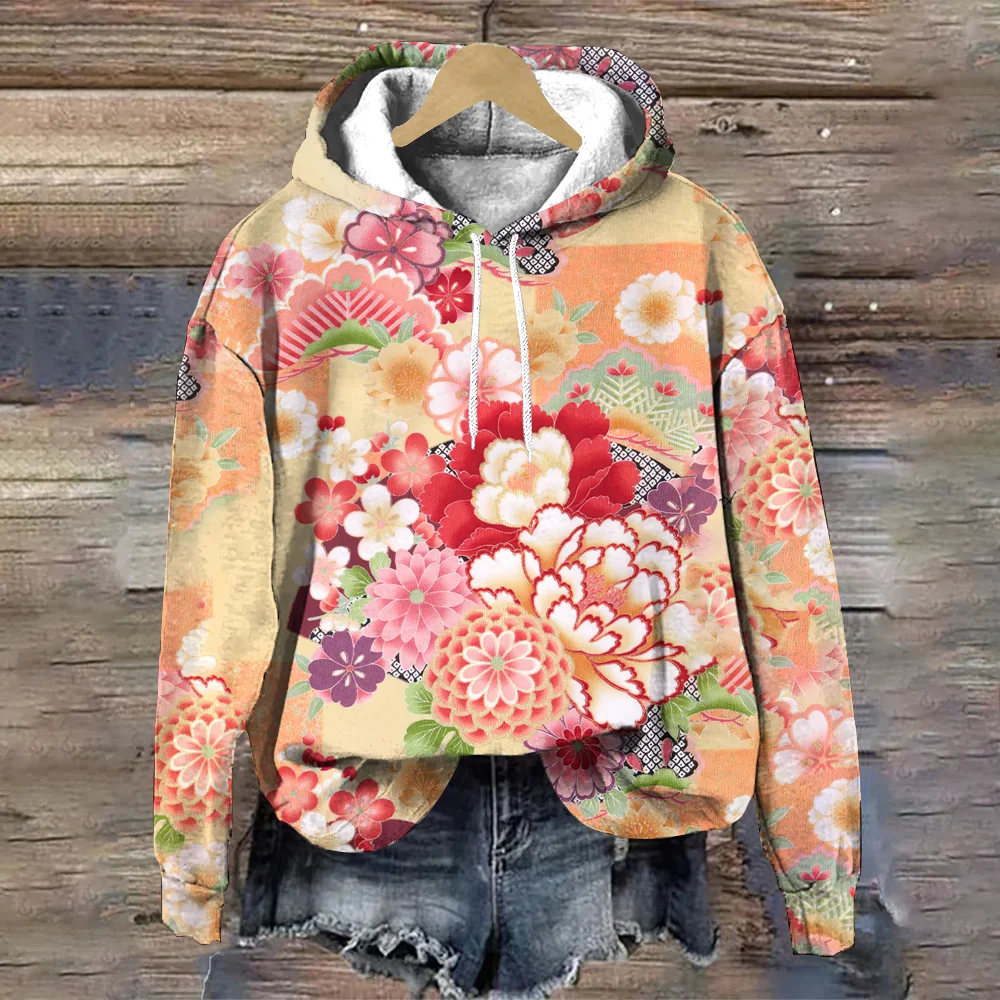 Fashion Loose Long Sleeves Women's Hoodie Exquisite Flower Print Harajuku Pullover Hoodies Autumn/Winter Women's Sweatshirts