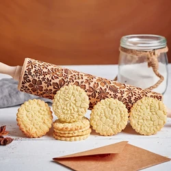 Arjmide 35X4.5CM Flower Leaf Strawberry Deep Engraved Wooden Embossed Cookies Rolling Pin for Baking 3D Mold