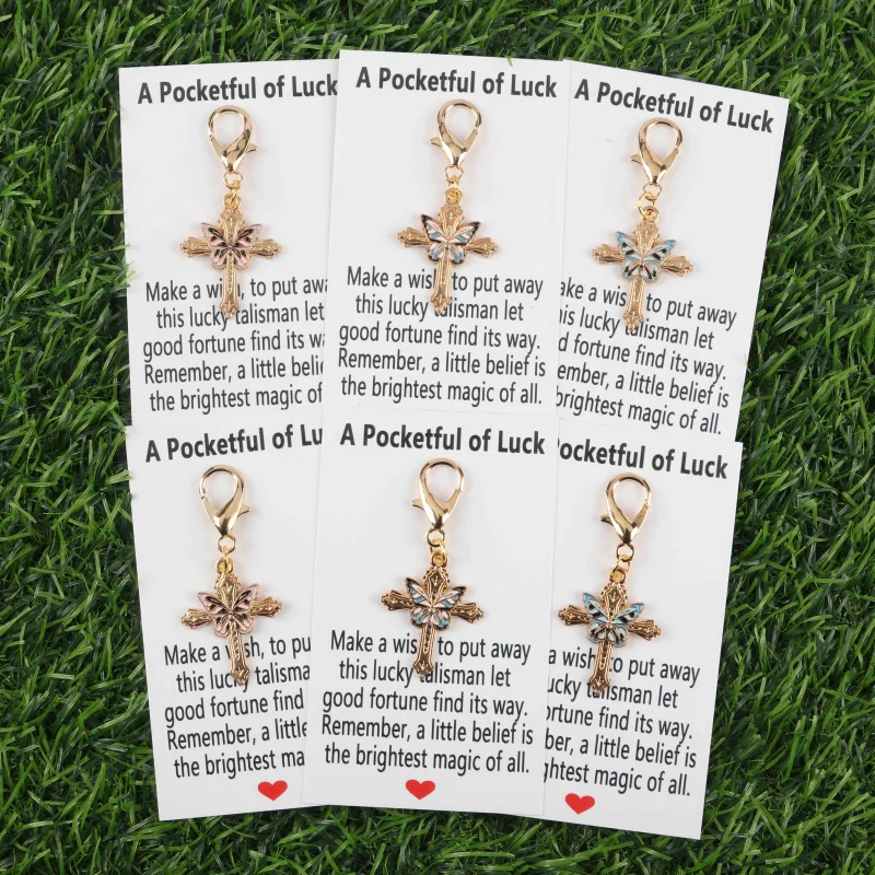 2D 3/6pcsButterfly Cross Guardian Keychain Set Vintage carved cross paired with a delicate butterfly pendant，Paired with a bless