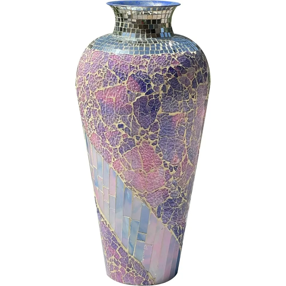 Tall Floor Vase - Glass Decorative Mosaic Vase for Flowers and Pampas Grass - 22 Inch Purple Vase, Stunning Centerpiece