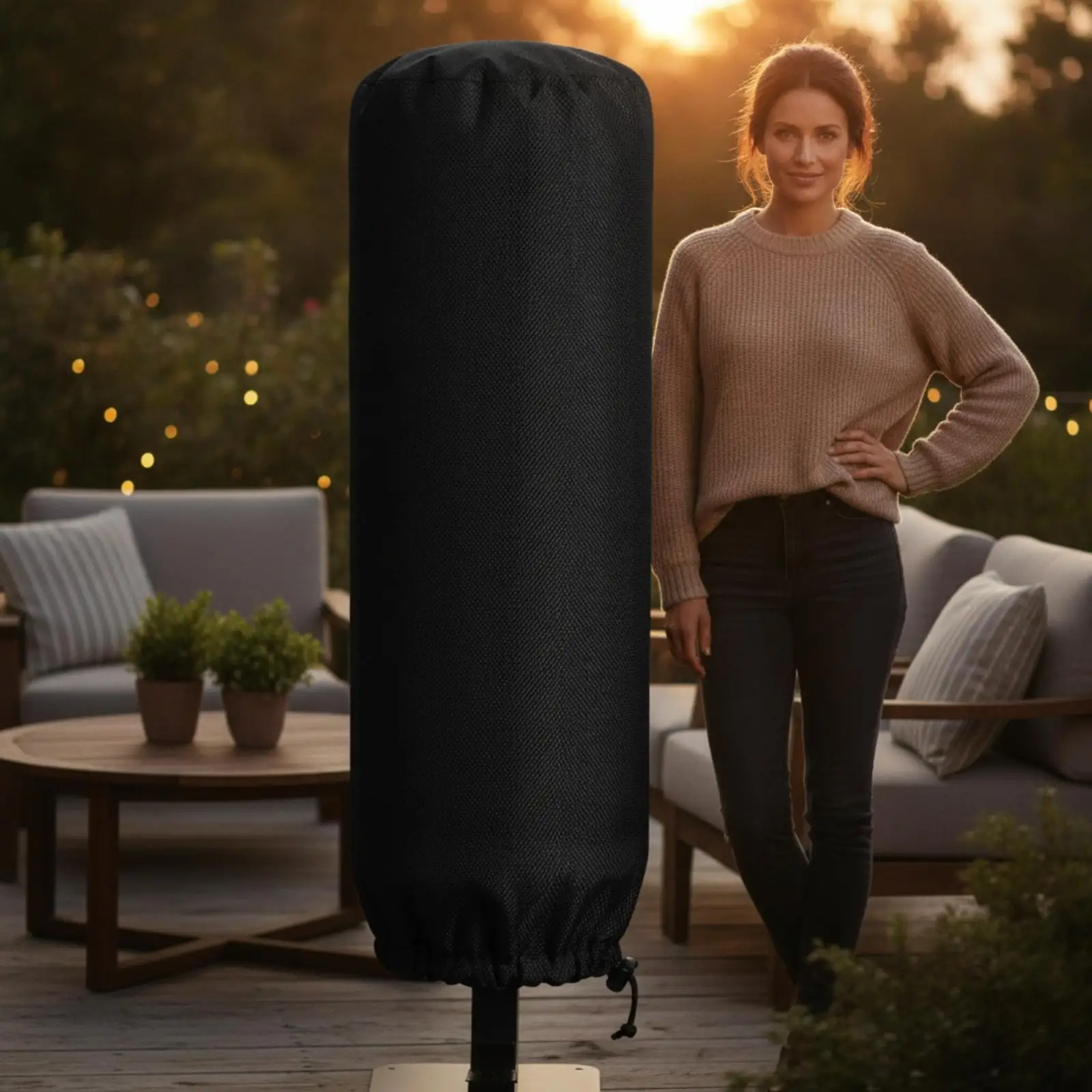 Waterproof Fire Pit Cover for Outdoor Heating Appliances Oxford Material Rounded Top with Side Zipper and Elastic Base