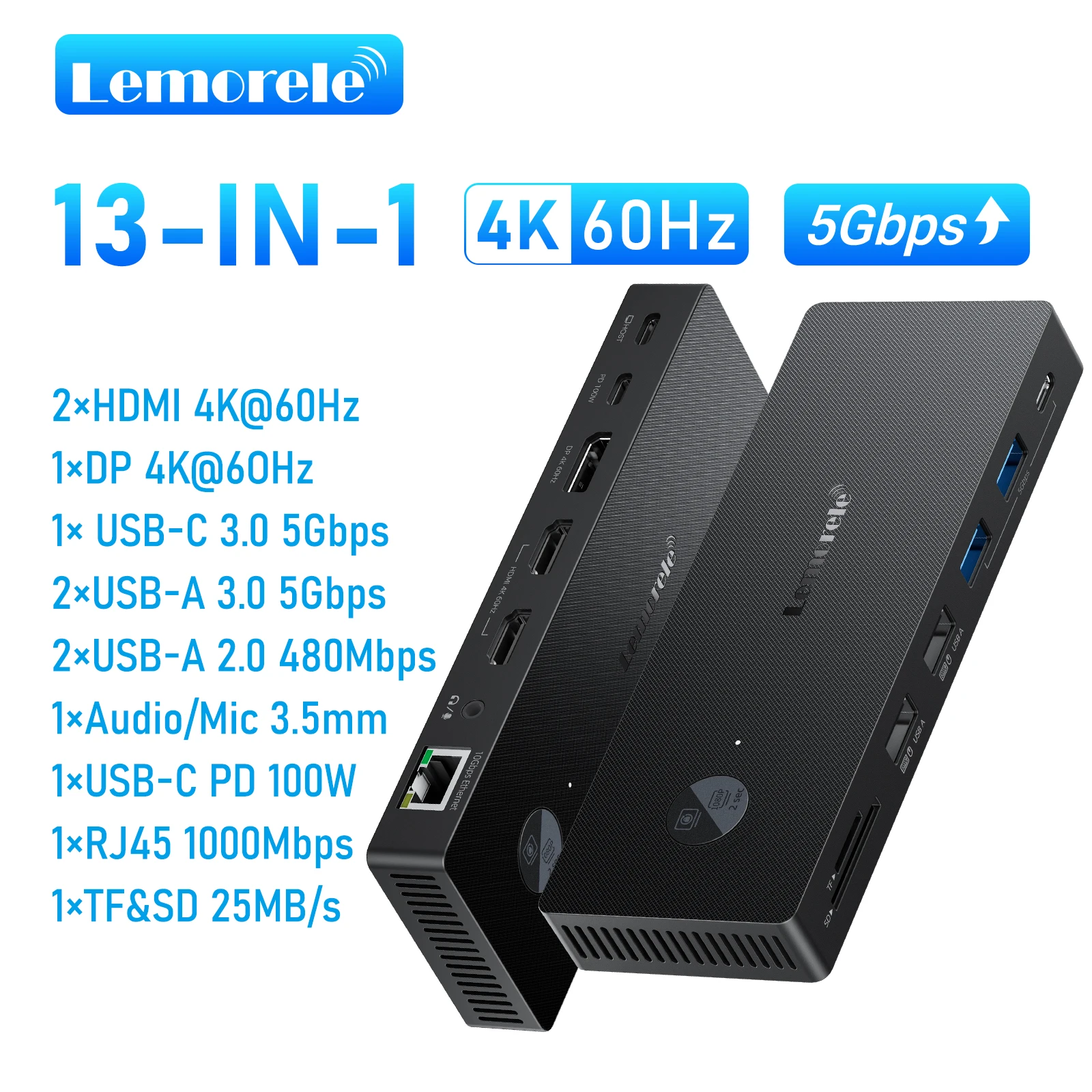 Lemorele 13 IN 1 USB HUB HDMI DP 4K 60Hz Adapter RJ45 Splitter Typ C HUB 3.0 PD 100W Ladegerät Dockingstation für Macbook Laptop