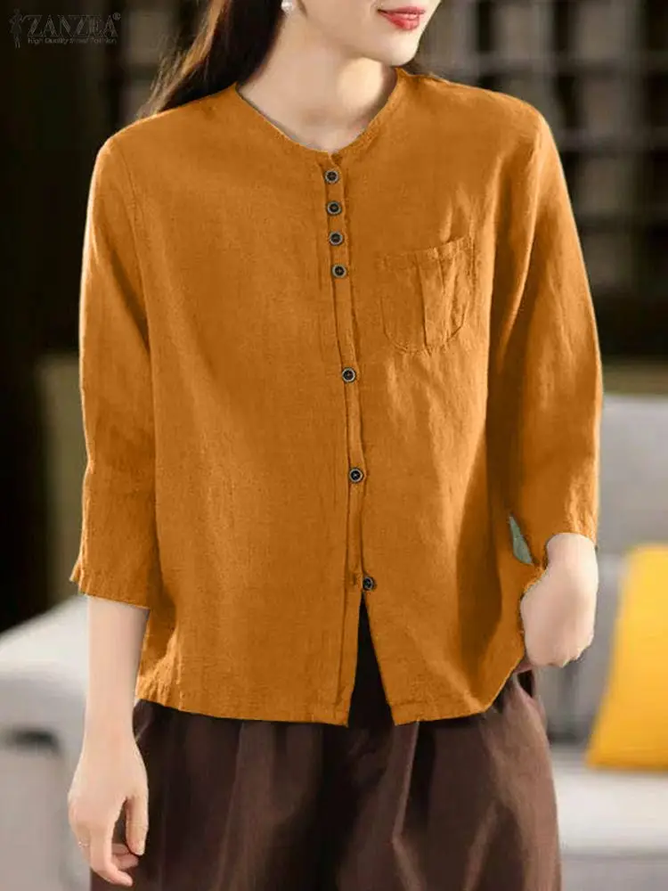 ZANZEA Vintage Koszule Damskie z Bawełny i Lnu Casualowe z Okrągłym Dekoltem, Długim Rękawem, Zapinane na Guziki, Jednolite Kolory, Wiosna 2026, Odzież Damska S-3XL