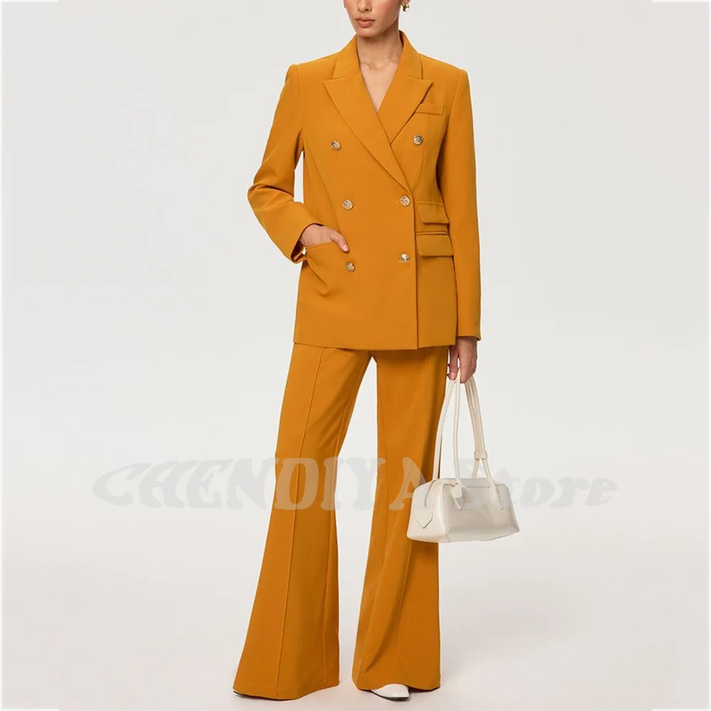 Modern Stylish Peaked Lapel Suit For Women Classic Double Breasted Two Pieces(Jacket+Pants) Daily Office Formal Blazer Set