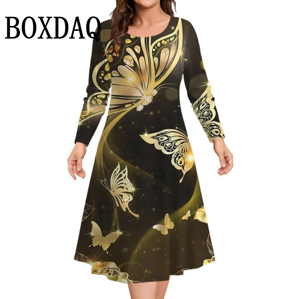 Autumn Winter New Ladies Pus Size Casual Dress 9XL Fashion Round Neck Geometry Printing Loose Long Sleeve A-Line Dress Vestidos