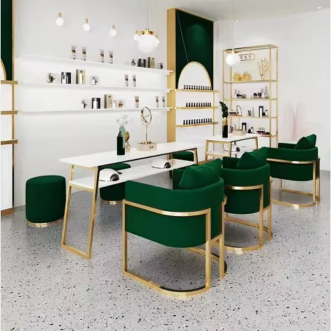 

Premium Quality Luxury Metal Nail Salon Chairs Gold Frame White Manicure Table Set