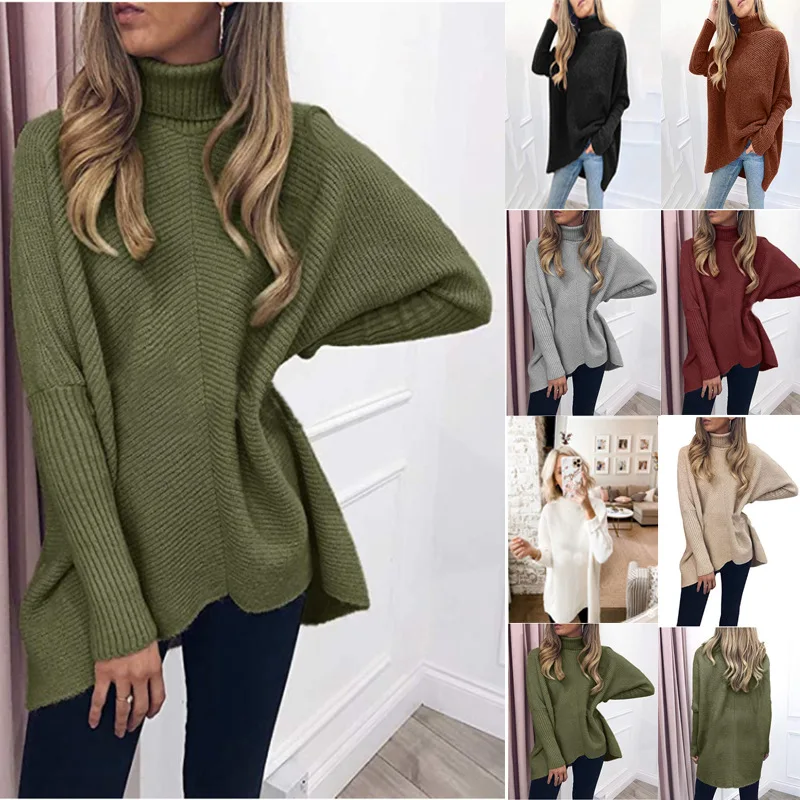 

Loose Bat Sve Knitted Wool Sweater Medium Length Women's Street Sle High Collar Long Sve Casual Faion Winterwear